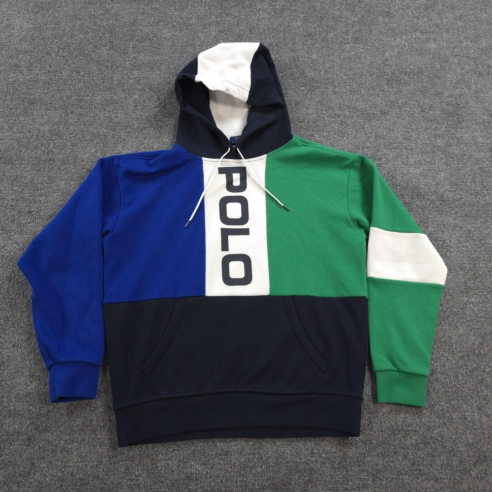 Polo Ralph Lauren Hoodie Mens Small Multi Colorblock POLO Spellout Logo Pullover